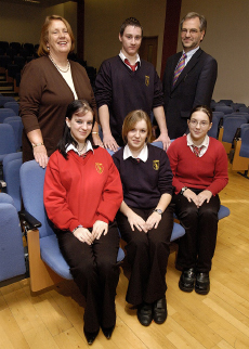 Prof Anne Garden and Prof Trevor McMillan with pupils from Walney School