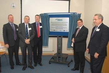 From left: Jeremy Howells (Manchester), Jon Saunders (Liverpool), Lancaster's VC Prof Paul Wellings, Iain Gray (TSB) and Colin Whitehouse (STFC)
