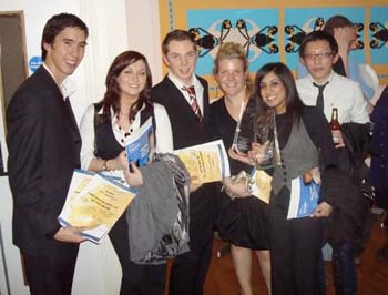: from left: Chris Smithson, Rachael Coates, Ben Barraclough, Mariana Mermet, Farzana Patel and Paul Wong celebrating at the award ceremony