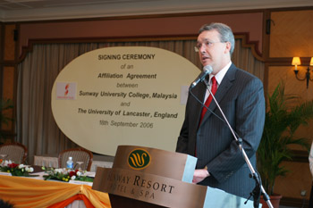 Vice Chancellor Professor Paul Wellings speaking at the signing ceremony at Sunway University College