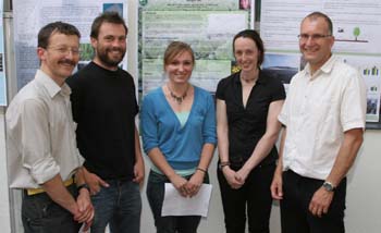 PhD winners and judges(from left) Dr Oliver Wild, Dr Jos Barlow, Georgina Key, Alexandra Henderson and Dr John Quinton.
