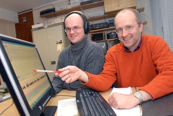 Dr Eivind Torgersen analysing speech recordings with Prof Paul Kerswill