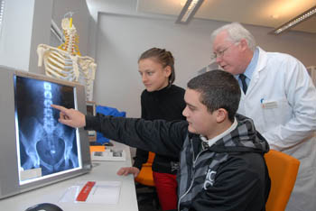 Professor Colin Ockleford with pupils Matthew Painter, 15, from Queen Elizabeth School, Kirkby Lonsdale, and Sophie Fletcher, 15, from Ripley St Thomas C of E High School, Lancaster, visit Lancaster