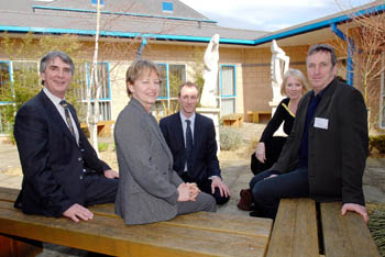 Pictured from left on the inside shot are Prof. David Archard; Prof. Hazel Biggs; Peter Dyer; Cathy Lubelska and David Eaton.