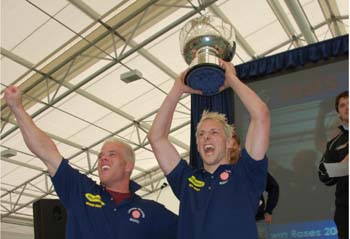 Lancaster's rugby team celebrate after winning a trophy at the Roses Tournament in York last year