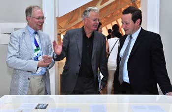 Prof Stephen Wildman (Director, Ruskin Library and Research Centre), Prof Robert Hewison and Ed Vaizey MP, Minister for Culture, in the Ruskin Wing of the Venice Architecture Biennale, 2010