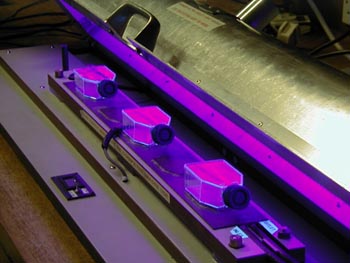 Skin cell cultures being exposed to UV light at Lancaster University