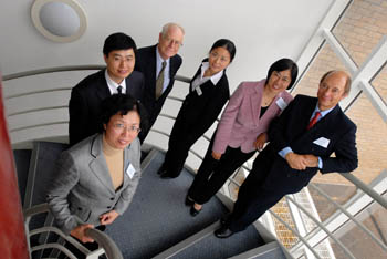 from left:Liu Ning of BFSU, Prof Liu Peng of BFSU, Prof Alasdair MacBean of LUMS, Dr Jing Zhang of LUMS, Prof Zhong Meisun of BFSU, Prof David Brown of LUMS.