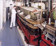 An engineer at work on the Synchrotron light source at the Daresbury Laboratory, photo courtesy of STFC