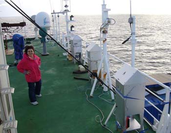 Dr Rosalinda Gioia aboard a research vessel off the coast of west Africa