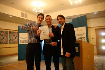 Ali Reeves (left) and Miguel Binetti (right) celebrate winning Student Business of the Year with Souped Up along with Joe Buglass, Manager of Create