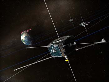 An artist’s impression of the five THEMIS spacecraft orbiting the Earth (credit: NASA)